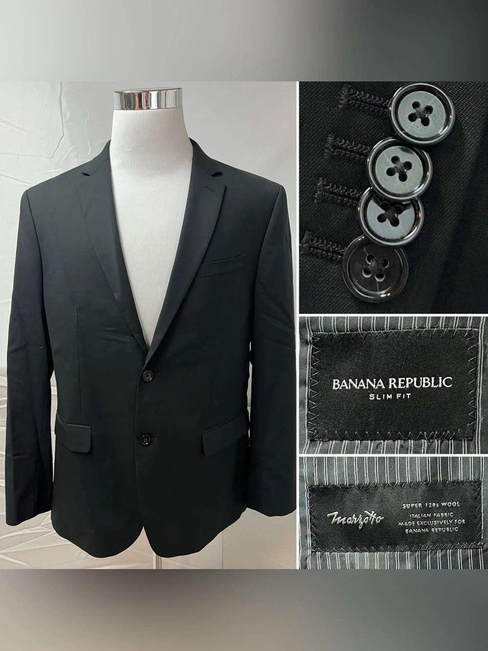 Banana Republic Men’s 44R Slim Fit Black Marzotto Super 120s Wool Blazer Jacket